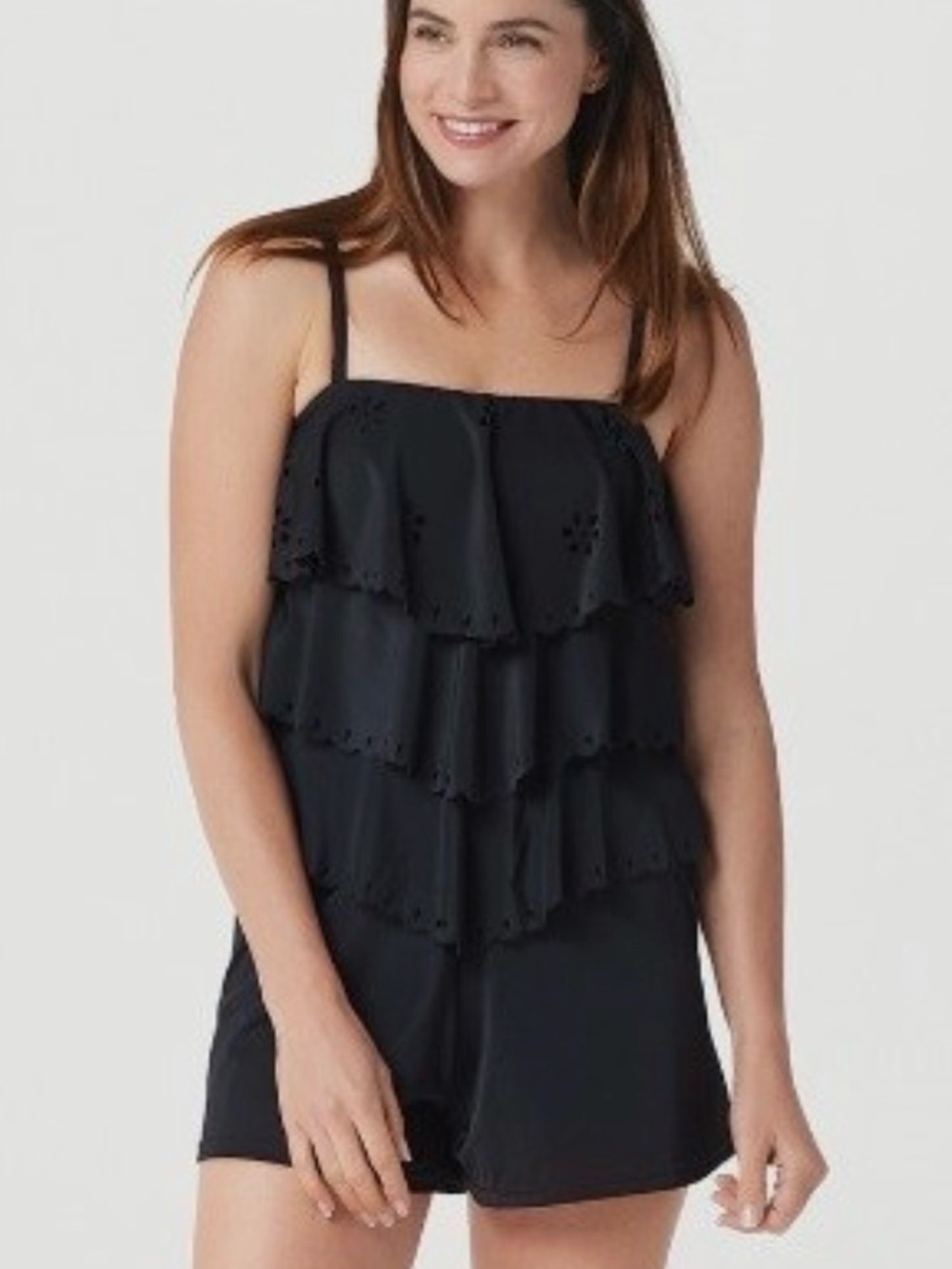 Fit 4U Black 1 Piece Tiered Romper Bathing Suit Sz 12 - one piece